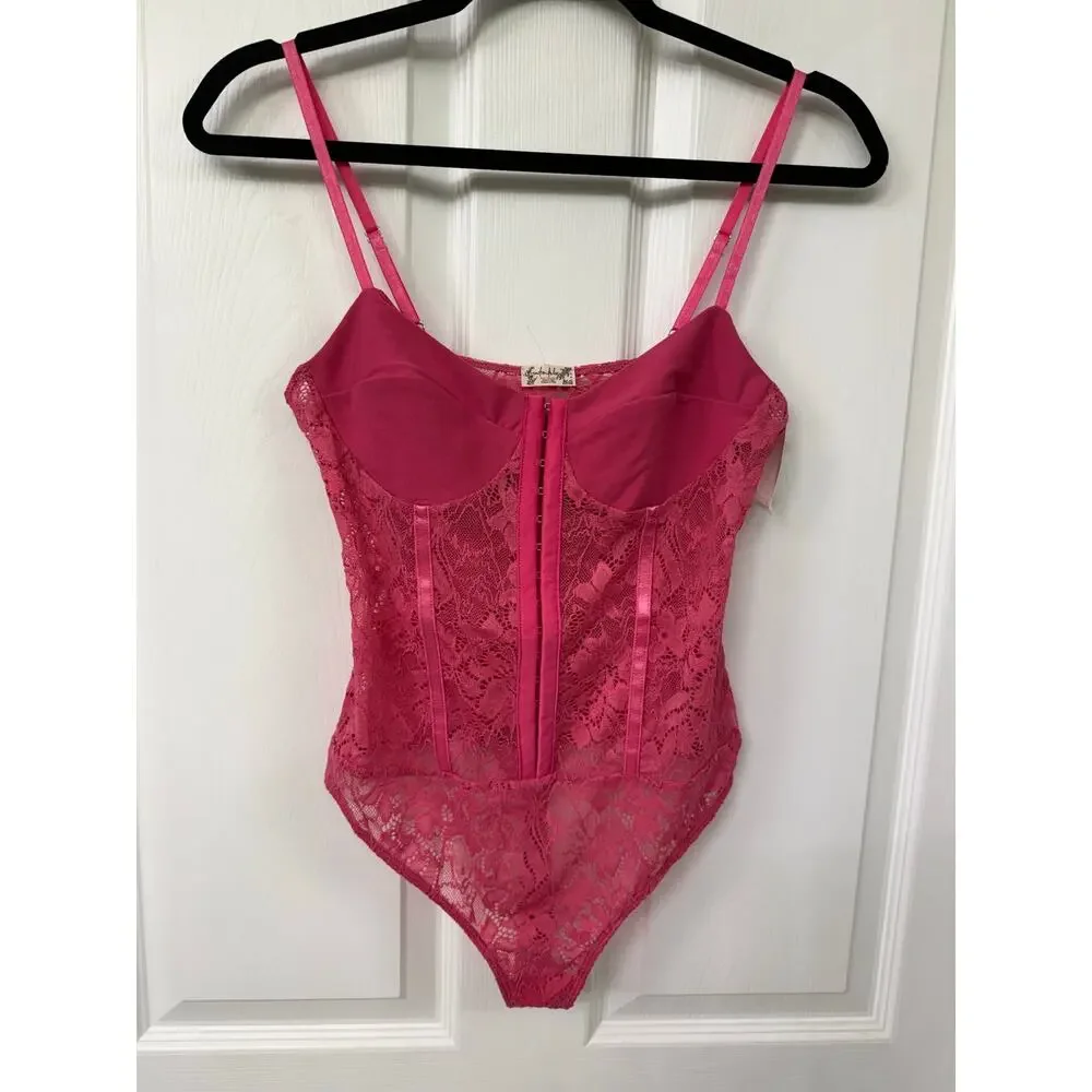 Free People Intimately Pink Lace Hook Front Bodysuit NWT Small Lace Night Rhythm